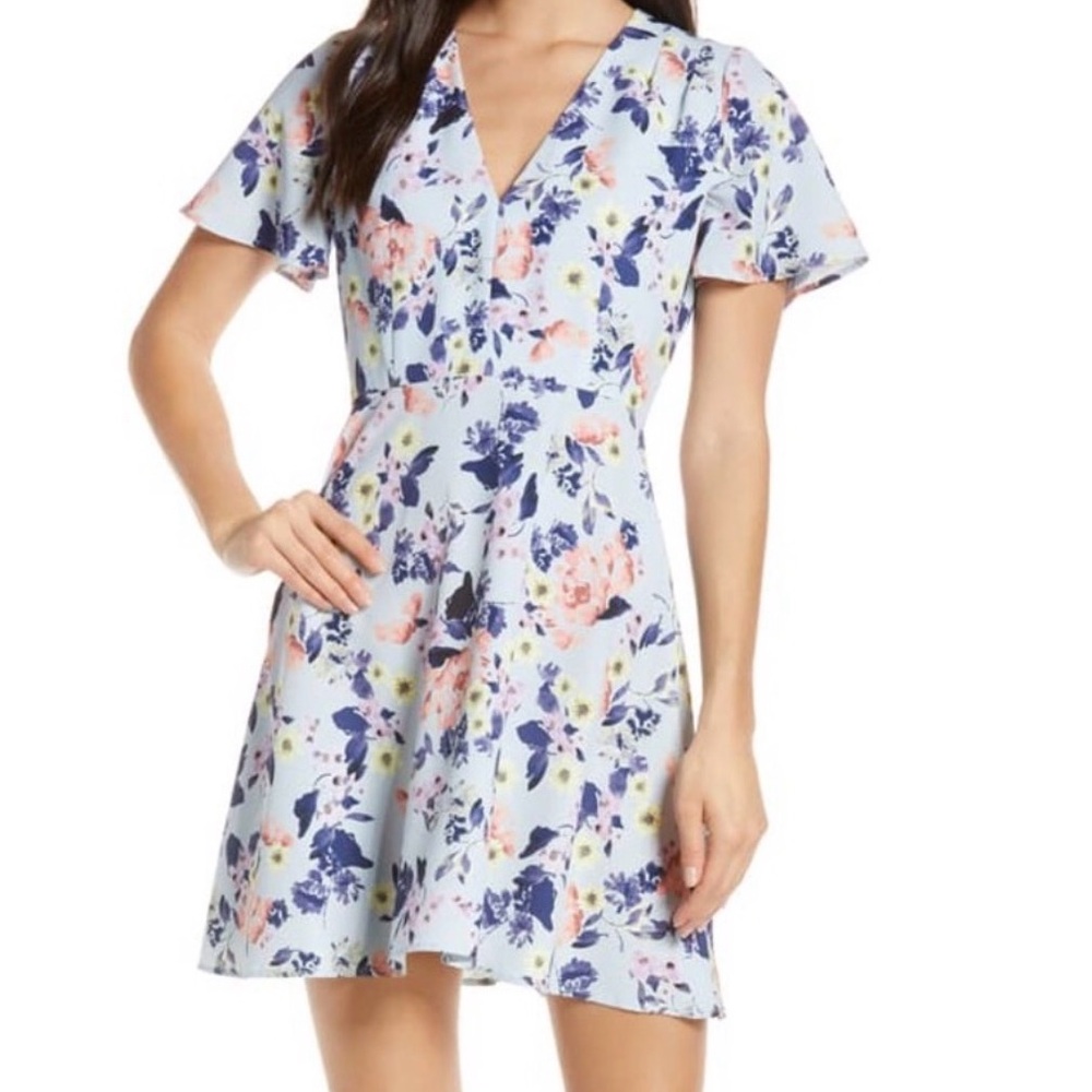 French Connection Pastel Floral V‑Neck Mini Dress - Light Blue & Pink